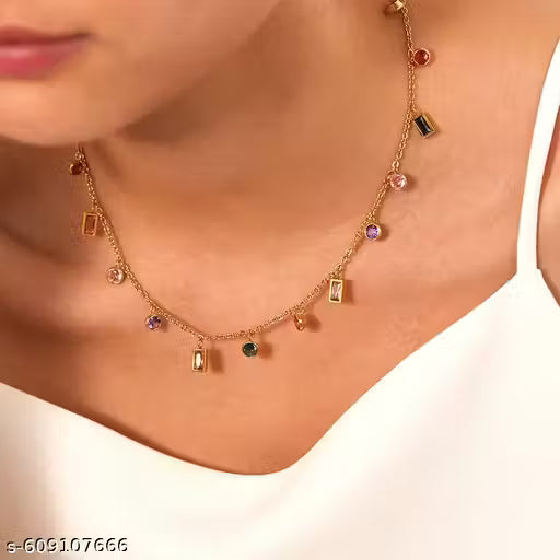 VD Elegant Trendy Multicolor Stone CharmStainless steel Gold Plated Necklace for Women & Girls | anit tarnish jewellery | anti tarnish nacklace | Fashion accessories online | Minimalist charm chain necklace
