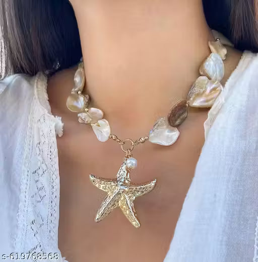 Golden Starfish Pearl Shell Necklace – Coastal Charm Statement Jewelry