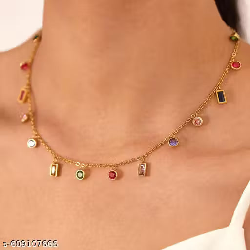 VD Elegant Trendy Multicolor Stone CharmStainless steel Gold Plated Necklace for Women & Girls | anit tarnish jewellery | anti tarnish nacklace | Fashion accessories online | Minimalist charm chain necklace